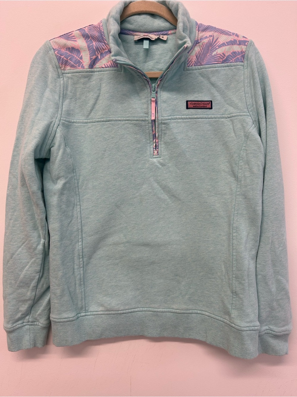 Vineyard Vines Women’s Quarter-Zip Pullover - Mint Green with Pink Pattern
